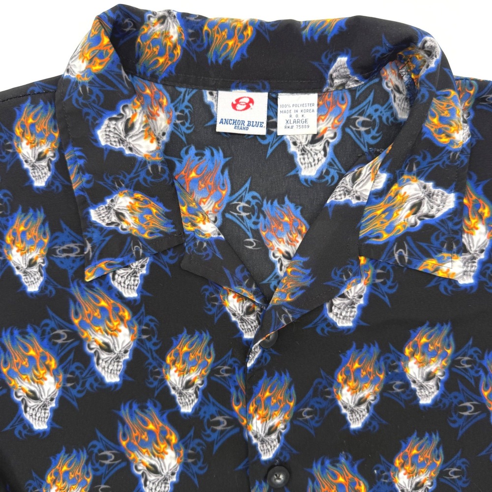 Anchor Blue Button Up Mens XL Black Flaming Skull Y2K Grunge Short Sleeve Shirt